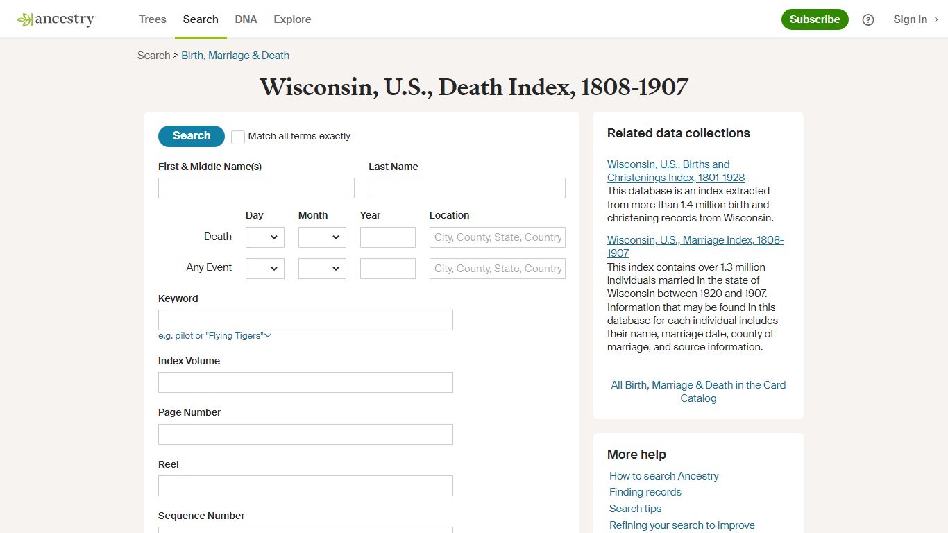 Wisconsin, U.S., Death Index, 1808-1907 - Ancestry.com